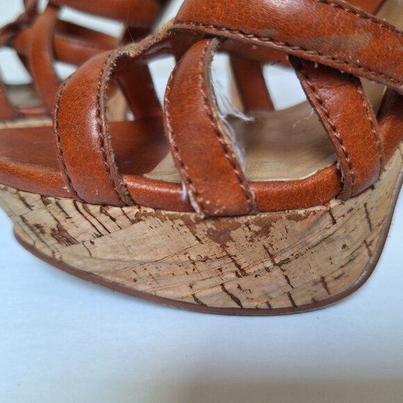 Y2K Bakers platform sandals strappy tan cognac leather cork caged chunky heels - Picture 8 of 12